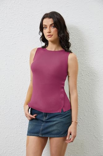 Image of OLAPTA Women Asymmetrical Button Down Side Split Sleeveless Tank Tops Boat Neck Slim Fit Summer Casual Side Button Knit Vest
