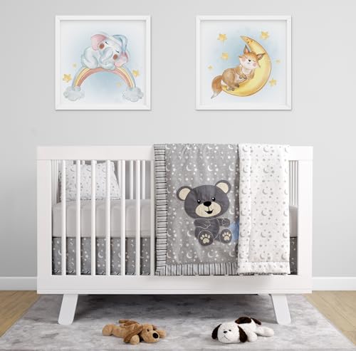 Image of BabyFad Teddy Bear Grey with Stars, Moon and Cloud 100% Cotton Nursery for Baby Boys and Girls, Musical Mobile 9 Piece Crib Bedding Set