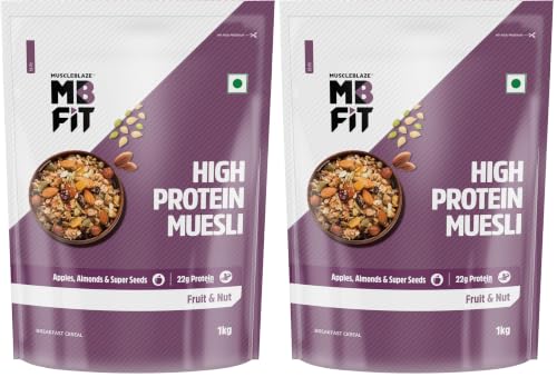 Image of MuscleBlaze Fit High Protein Muesli (1kg, Fruits & Nut) | 22g Protein | With Apple, Almonds & Super Seeds, High Protein Breakfast Cereals (Pack of 2)