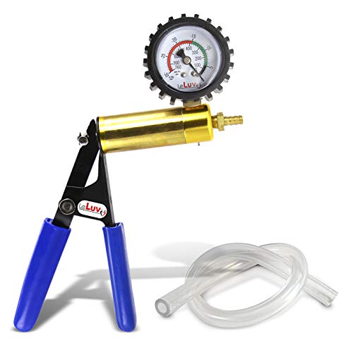 LeLuv Ultima Brass Vacuum Pump Handle - Gauge Installed with Protective Rubber Cover - Blue Rubber Padded Grips, Clear Hose