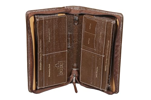 Image of Sukeshcraft Multiple Cheque Book Holder | Original Leather Holds Upto 8 Cheque Books, Locker Key Hook Matching Zipper (Leather, Chocolate Brown)