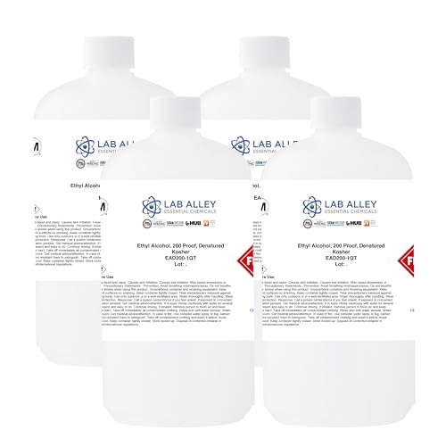 Lab Alley Denatured Ethanol 200 Proof, Kosher & Halal Certified, GMO-Free Ethyl Alcohol for Laboratory & Industrial Use, 1 Gallon (Pack of 4 x 1 Quart Bottles)