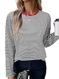 Picture of LilyCoco Boat Neck Tops for Women Striped Long Sleeve Shirt Breton Loose Fit Tshirt Red X-Large