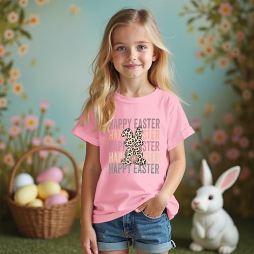 Image of GLIGLITTR Girls Happy Easter Shirts Leopard Bunny Tshirt Cute Rabbit Outfits Kids Easter Holiday Short Sleeve Tee Tops 7-12Y
