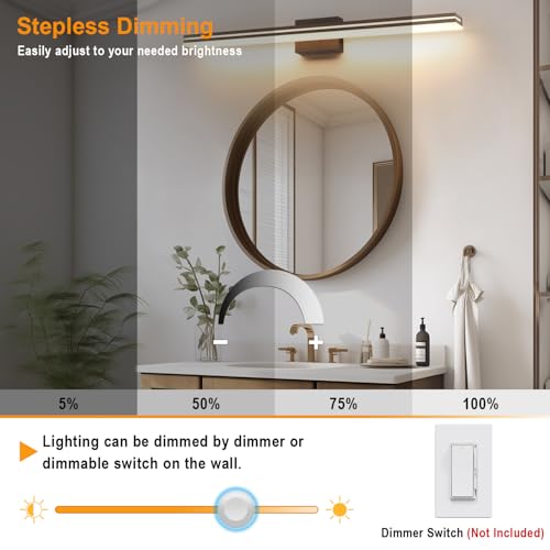 Image of SineRise LED Modern Bathroom Vanity Light Fixtures (48-Inch, 3000K /4000K /6000K, Dimmable), Brown Wood Painted Modern Acrylic Bathroom Wall Lighting Fixtures Over Mirror
