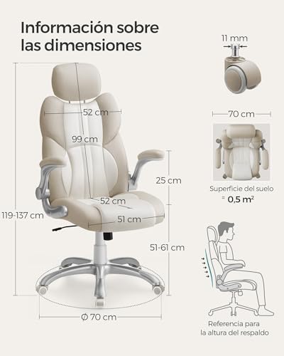 Miniatura 3 de Songmics Silla De Oficina, Silla Gaming, Reposacabezas Ajustable, Función Basculante, Silla De Escritorio, Reposabrazos Ajustables, Ruedas Universales, Altura Regulable, Color Crema Obg065w02