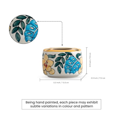 Image of ExclusiveLane 'Eden Bloom' Hand-Painted Ceramic Bathroom Accessories Set of 2 (Liquid Soap Dispenser for Wash Basin, Paste & Toothbrush Holder) |Handwash Dispenser |Bathroom Organiser Set
