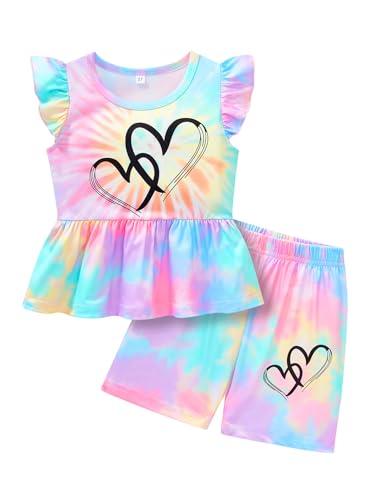 Image of Girls Summer Outfits Toddler Baby Girls Short Sets 2 Piece Clothing Set Flutter Sleeve Shirt and Short 2-7 Years