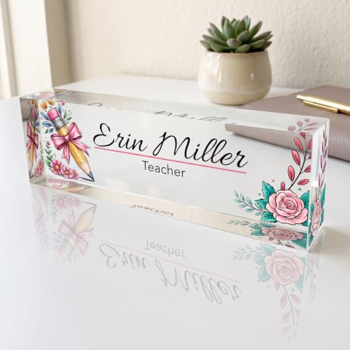 Image of Personalized Acrylic Name Plate with Pencil Flower Design | Custom Desk Name Block, Office Desk Sign, Wooden Stand Name Plaque Gift