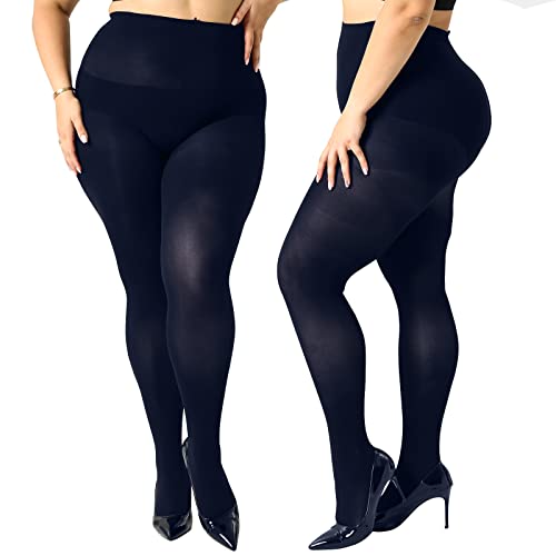 Image of Yilanmy 2 Pairs Plus Size Tights for Women 70D Semi Opaque Control Top Pantyhose Queen Size High Waist Stockings
