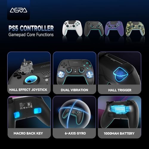Image of ASRVA Black Wireless Pro Controller for PS5, Hall Effect Joystick No Drift, 4 Back Paddles, Macro, Gyro, 1000mAh, RGB, Compatible with PS5 /Pro /Slim /PC /iOS /Android
