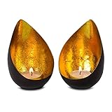 kerzenschein Zwei wunderschöne, dekorative Teelichthalter als harmonisches Set, goldene Lichteffekte für pure Entspannung (Metall - seidenmatt braun lackiert mit Goldfolienauskleidung, ohne Teelicht)
