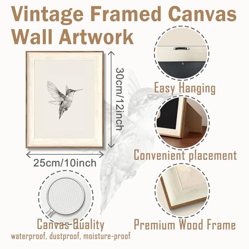 ASTRDECOR Hummingbird Wall Art Prints – Vintage Black and White Bird Sketch Painting Picture, Rustic Neutral Decor Canvas Wall Decor for Nursery, Bedroom, Living Room – Framed 10''x12'' by ASTRDECOR - Used condition - US$18.04