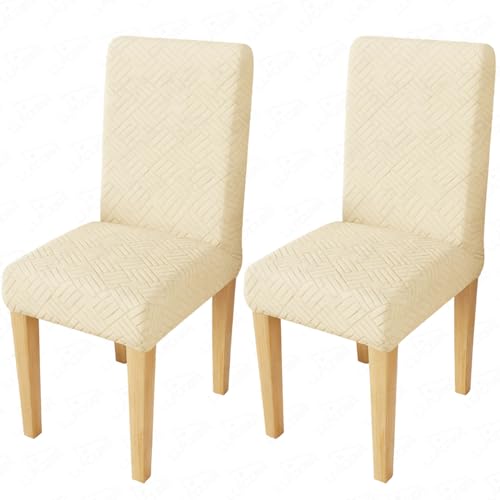 Image of Lukzer Elastic Dining Chair Cover - 2PC Pastel Yellow Abstract | Textured High Stretch Jacquard Seat Cover | Removable Washable Short Dining Chair Cover Protector Seat Slipcover | (CC-170-02)