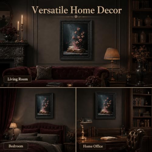Black Framed Wall Art Dark Moody Victorian Bookish Canvas Print Romantic Gothic Floral Still Life Picture Decor Dark Academia Pink Roses Gallery Artwork for Living Room Bedroom 9x11 inch - image 7