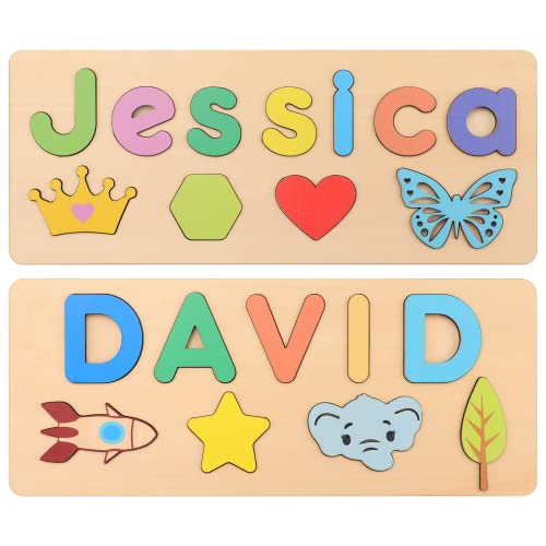Blumuze Personalisierte Holzpuzzle mit Namen und Tieren, Benutzerdefinierte Namenspuzzles für Kleinkinder, Holzpuzzle mit Formen, Kindergarten, Spielzeug, Dekoration, Baby, Kindergeschenk M-30 * 12cm Cover