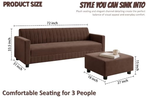 Image of Modern 3-Seater Velvet Sofa with Ottoman | Vertical Channel Tufted Backrest | Plush Cushioned Seating | Stylish Contemporary Sofa for Living Room, Bedroom & Office | Brown