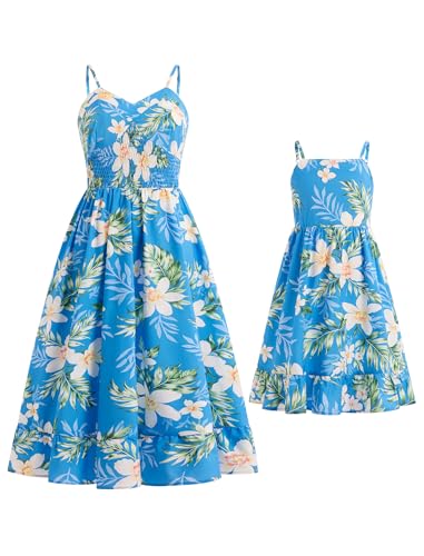 Image of AWIBMK Hawaiian Family Matching Outfits Mother Daughter Tropical Dresses Father Son Shirts for Beach Vacation Luau Party