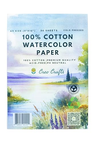 Creo Crafts 100% Cotton Watercolor Paper 9x12” – 36 Sheets, A4, Cold Pressed, Acid-Free, pH Neutral, Premium Artist-Grade Paper for Painting, Drawing & Mixed Media