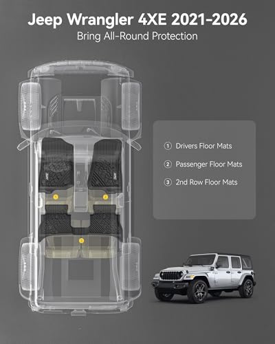 Image of 3W Floor Mats Fit for Jeep Wrangler 4XE 2021-2025 2026 Hybrid 4 Door (Non JL or JK), Black All-Weather TPE Floor Liner for 1st and 2nd Row Full Set Car Mats, Grey Logo