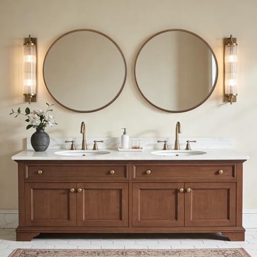 Image of WallBeyond Round Wood Mirror, 32 inch Round Modern Decoration Large Circle Wall Mirror for Bathroom Living Room Bedroom Entryway, Walnut