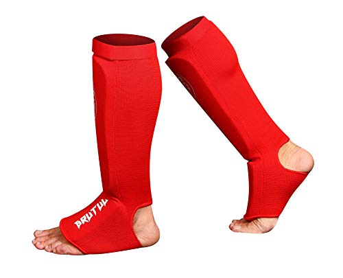 Brutul Protective Shin Instep Kickboxing Boxing MMA Muay Thai Karate Taekwondo Cloth Shin & Instep Padded Guards Training Sparring Shin Guards Leg Pad Training Protective Gear Washable (RED, S/M)