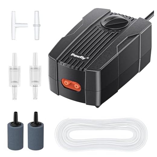 Pawfly Aquarium Air Pump 50 GPH Fish Tank Oxygen Pump for 10-60 Gallon Fish Tanks Buckets Dual Outlet Adjustable Ultra Quiet Aerator Pump with Airline Tubing Air Stones Connectors and Check Valves