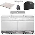 Tytus Fresno 5 Burner Propane or Natural Gas Island Grill with Cover, Pizza Stone & LED Light - 864 sq. in. Cooking Area, 48,000 BTU Grill, 12,000 BTU Side Burner - Stainless Steel & Ash Stone