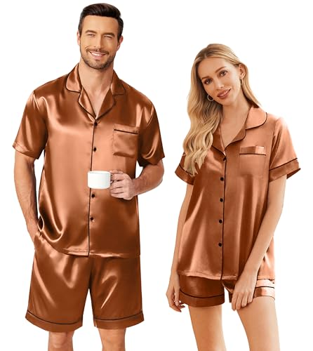 Image of Ekouaer Couple Matching Pajamas Sets Silk Short Sleeve Button Down Sleepwear Satin Pjs Shorts Set Soft Loungewear S-XXL