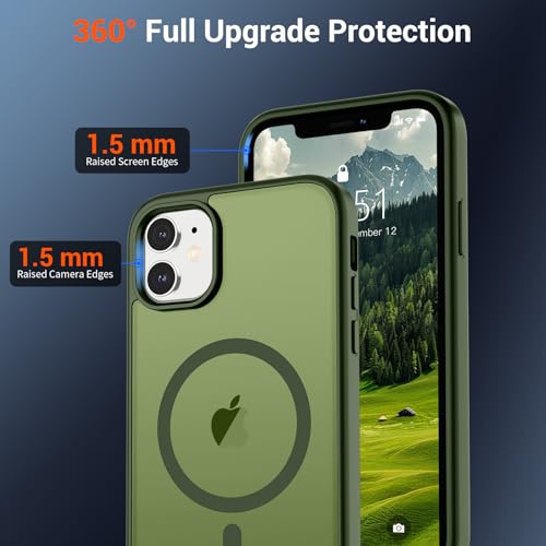 Image of SUPFINE Magnetic for iPhone 12 Mini Case & iPhone 13 Mini Case (Compatible with MagSafe) (Military Grade Drop Protection) Slim Translucent Matte Shockproof Phone Cover,Cangling Green