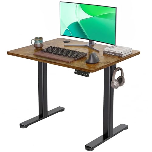 Image of Claiks Electric Height Adjustable Stand Up Desk, 32x19 Inches Sit Stand Desk for Home Office, Rustic Brown Top /Black Frame