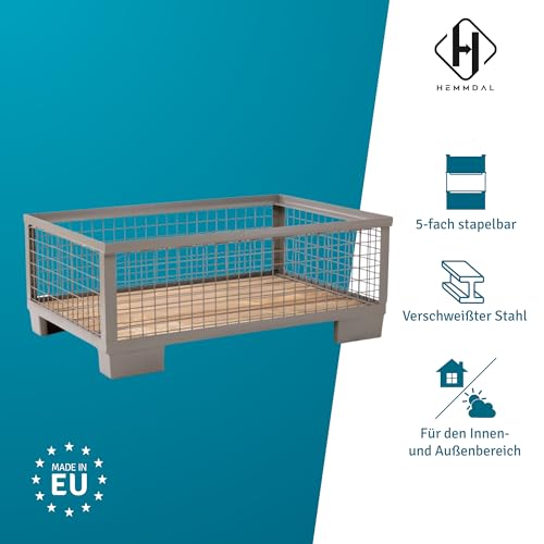 HEMMDAL Industrie-Gitterbox mit 4 festen Wänden | 1.500 kg Tragkraft | HxBxT 50 x 124 x 83,5 cm | Grau | 5 x 5 cm Maschenweite | aus Stahl | niedrige Bauart | stapelbar | Gitterbehälter