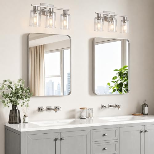 Image of Brushed Nickel Bathroom Light Fixtures Over Mirror,3-Light Bathroom Vanity Light with Clear Glass Shade,Modern Farmhouse Wall Sconces Lighting for Mirror Kitchen Living Room Cabinet