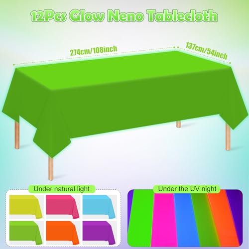 Image of 12 Pack Neon Table Cloths Party Decorations, Pink Orange Yellow Green Blue Purple Glow in the Dark Plastic Tablecloth, Disposable Rainbow Table Cover for Glow in Dark Neon Party Supplies Decorations