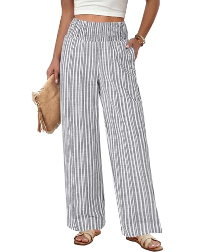 GRAPENT Linen Cotton Pants Women Smocked Pull on Pants for Women Trendy Ladies Pull on Elastic Waist Slacks Comfy Loose Fit Striped Palazzos for Beach Vacation Resort Color Gray Plus Size 20 to 22