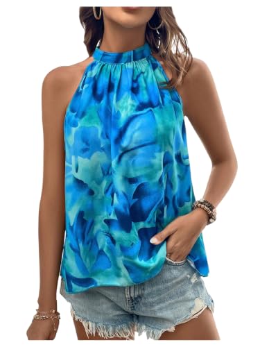 WDIRARA Women's Sleeveless Summer Animal Print Halter Top Blouse Dark Blue