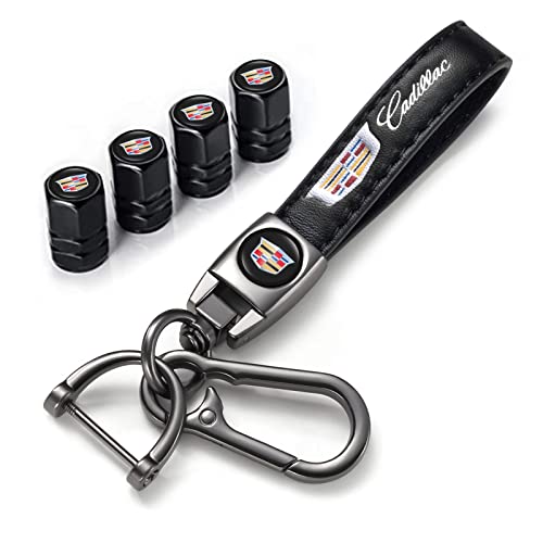 FRVON Car Tire Valve Stem Caps and Car Keychain Combo Compatible with Cadillac Escalade CT4 CT5 CT6 ATS CTS SRX XT5 for Men and Women Family Present
