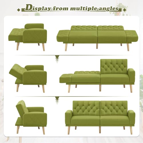 Lesofair 70” Linen Fabric Sofa Bed w/Adjustable Backrests, Convertible Tufted Loveseat Sofa w/Adjustable Armrests, 82” Modern Sleeper Couch with Wooden Legs for Living Room, Grass Green