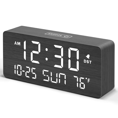 DreamSky Wooden Digital Alarm Clocks for Bedrooms - Living Room Desk Clock with Date and Day of Week, Temperature, USB Port, Dimmer Wheel, Adjustable Volume, Auto DST, Wood Decor for Office Table