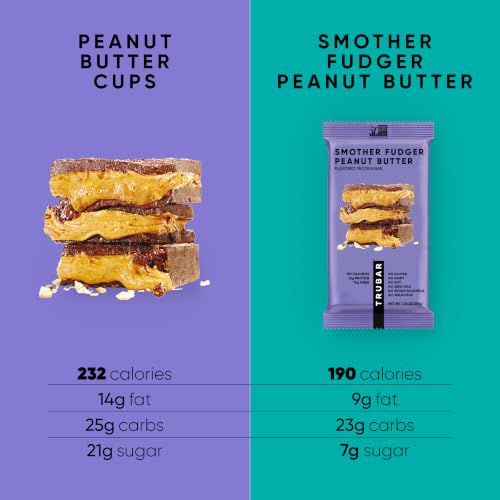 Image of TRUBAR Vegan Protein Bar, Smother Fudger Peanut Butter, Gluten Free, Plant Based Protein, Dairy Free, Non GMO, Soy Free, No Sugar Alcohols, 12G Protein, 13G Fiber, Healthy on the Go Snack Bars, 12 CT