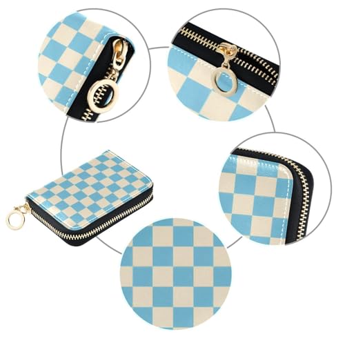 Women's Blue Yellow Checkerboard Credit Card Holder Wallet Leather Zipper Card Case for Ladies Girls 203009944