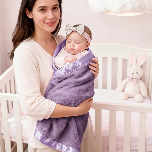 Image of Pro Goleem Fleece Baby Blanket with 2 Inch Satin Trim Soft Plush Blanket for Boys and Girls for Babies Purple 30''x40''