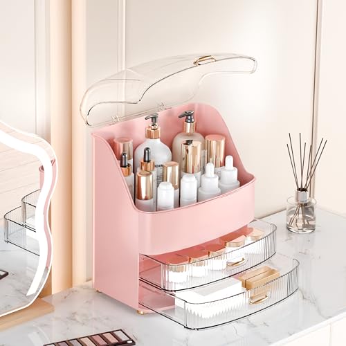 Image of Makeup Organizer Countertop Vanity with Transparent Lid Drawers Waterproof Dustproof Cosmetic Skincare Bathroom Storage Gift for Women Teens Girls (Pink)