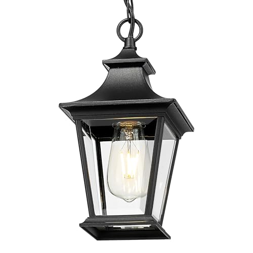 EMLIVIAR Modern Outdoor Hanging Light Fixture, 11.4" Black Lantern Light with Water Ripple Glass, Weatherproof Adjustable Pendant Lamp for Patio, Entryway, AUXE219H BK