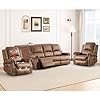 HAOMARKETS 3-Piece Power Reclining Sofa Set for Living Room, Included 2 Faux LeatherElectric Recliners with Massage & Heat, and 3-Seater Recliner Couches with Rivets, Brown