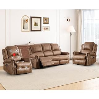 HAOMARKETS 3-Piece Power Reclining Sofa Set for Living Room, Included 2 Faux LeatherElectric Recliners with Massage & Heat, and 3-Seater Recliner Couches with Rivets, Brown