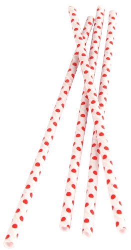 Kikkerland Biodegradable Paper Straws, Red Polka Dots, Box of 144, Red/White