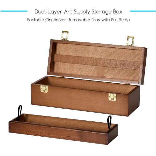 Image of MEEDEN Wooden Art Tool Storage Box: Portable Art Supplies Organizer Case | Beech Wood Toolbox with Handle Removable Tray for Brushes, Pencils, Erasers and DIY Craft Sewing Supplies