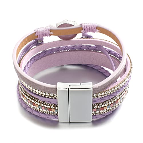 Hotoo Leather Wrap Bracelet For Women Purple Beaded Cuff Bracelet With Heart-Shape Decor Bohemian Crystal Bracelet Jewelry With Clasp Bangle Bracelet For Women Girls Birthday Holiday Gift #TOP3