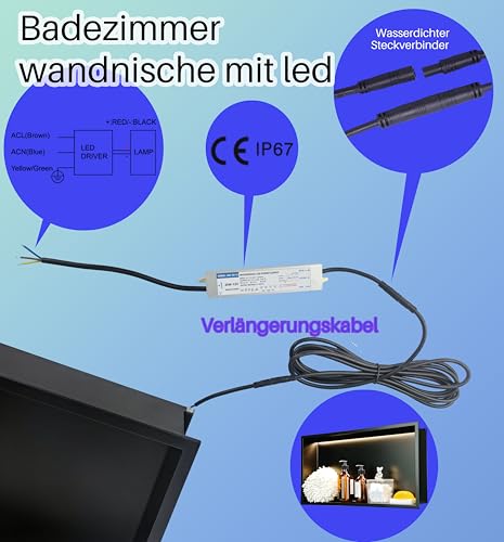 IKITRAEE LED Edelstahl Einbaunische Wandnische für Dusche，Integrierte Fliesenlose Duschablage aus Rostfreiem Edelstahl, Badezimmer-Aufbewahrung für Shampoo & Duschgel (Matt schwarz, 60X30cm)